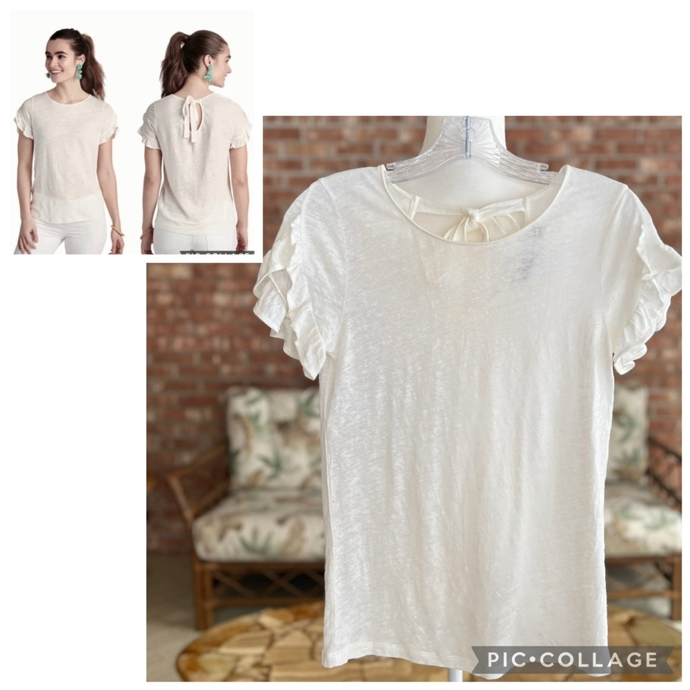 Vineyard Vines Tee Shirt Ruffle Short Sleeve Ivory Linen Tie Back Top XXS Casual